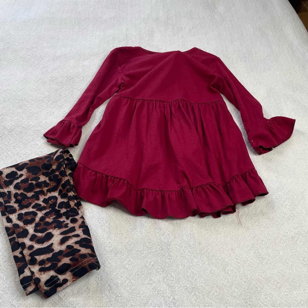 Kids Maroon ‎ Ruffle Dress with Leopard Print Leggings ~Sz 4T
